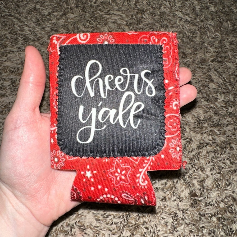 Cheers Yall Red Black White Koozie with small front pocket